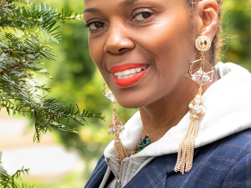 woman in blue and white plaid blazer