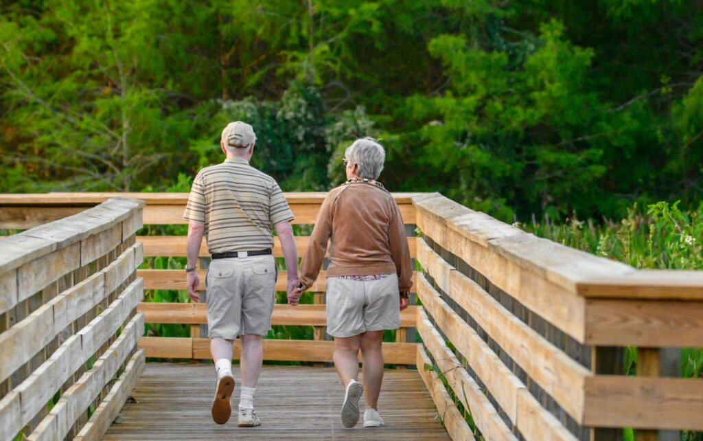 a couple of people that are walking across a bridge
