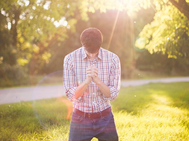 photo of man kneeling on grass near tree