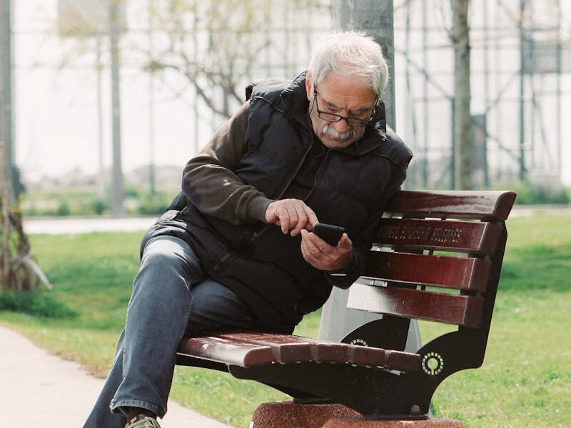 Elderly man enjoying leisure time while using smartphone in outdoor park setting.