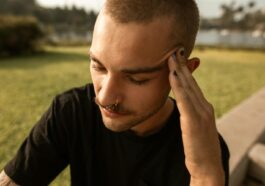A young man feeling stressed and anxious while sitting outdoors in a park setting.