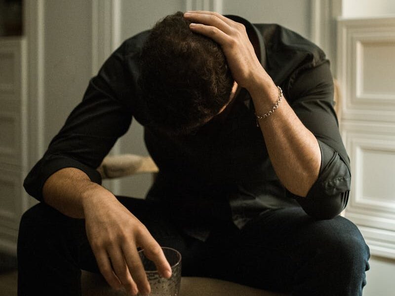 Man in distress seated indoors, head in hand, holding a drink, reflecting solitude.