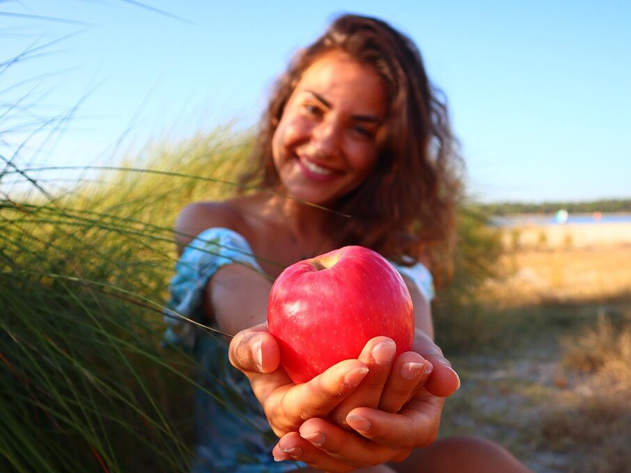 woman, apple, fruit, healthy, young, girl, food, hands, smile, portrait