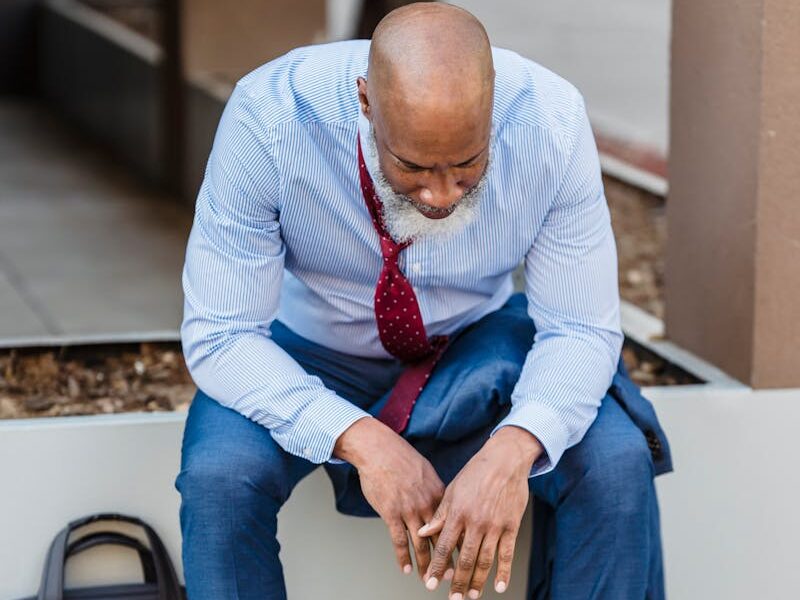 Businessman in distress sitting outdoors with briefcase, reflecting on challenges.