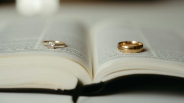 A close up of two wedding rings on an open book
