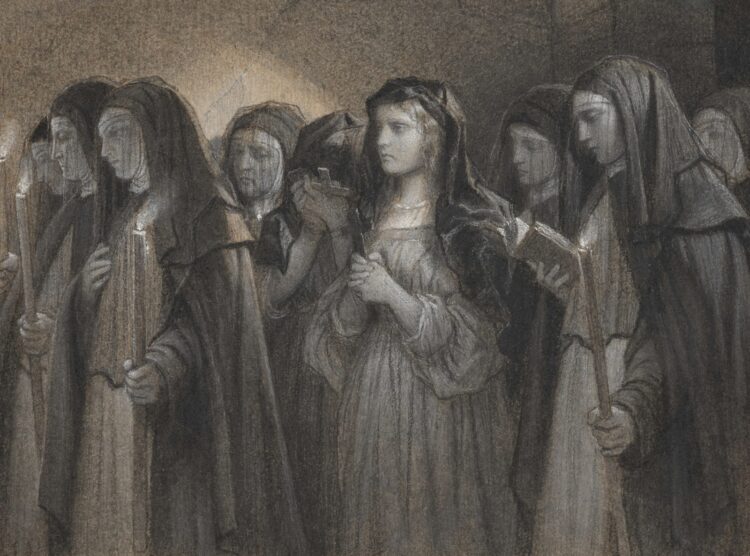 a drawing of a group of people standing in a line