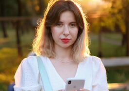 a woman in a white dress holding a cell phone