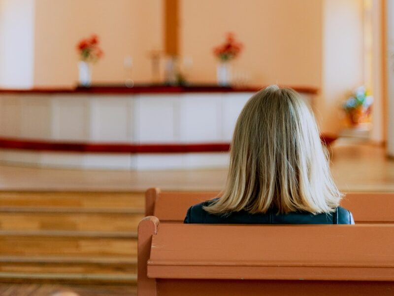woman in blue shirt sitting on brown wooden bench