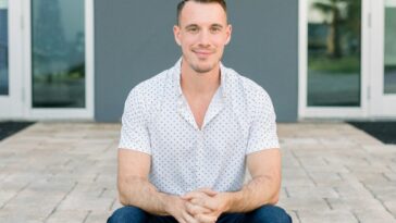 a man sitting on the ground in front of a building