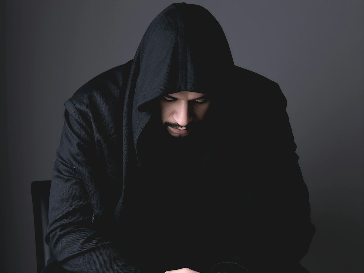A person in a hood looks down, sitting.