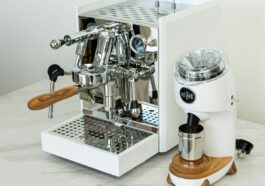 a coffee machine sitting on top of a white counter