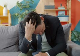 Man in suit sitting on couch with head in hands.