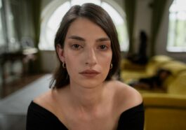 A close-up portrait of a woman with a calm expression, indoors, with thoughtful ambiance.