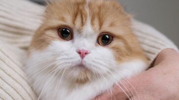 Charming Scottish Fold kitten being gently held, highlighting its fluffy fur and playful expression.