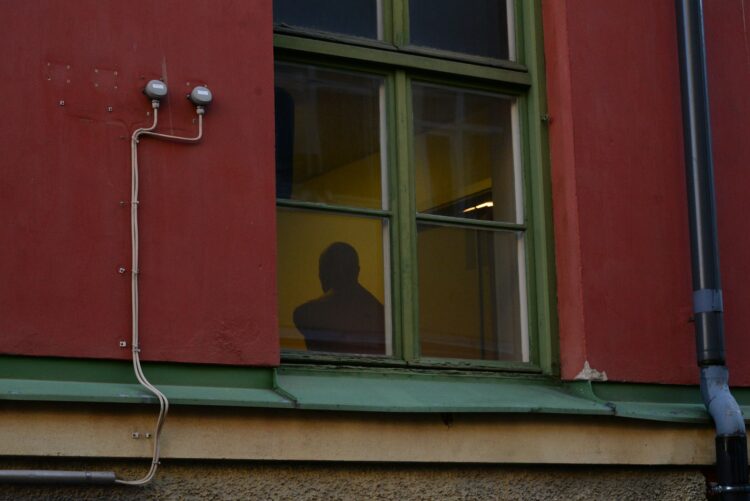 a shadow of a person is seen through a window