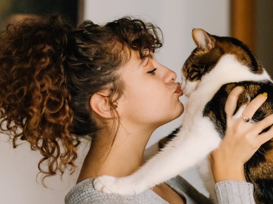 Young woman affectionately kissing her pet cat indoors, capturing a tender moment in İstanbul.