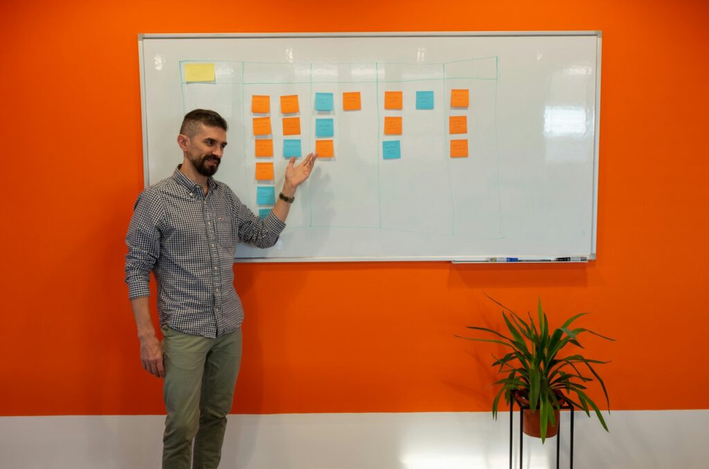 a man standing in front of a white board