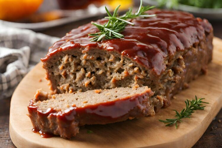 a loaf of meatloaf on a cutting board with a sprig of