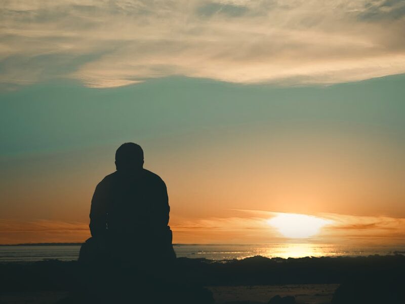 silhouette of man standing on seashore during sunset