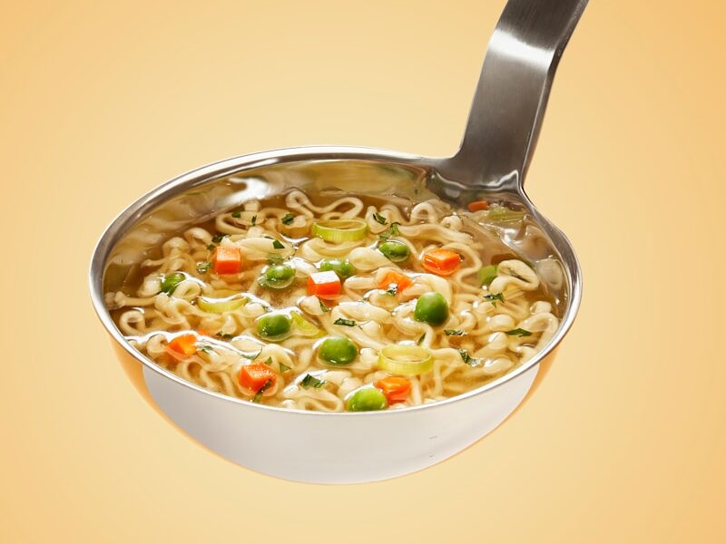 silver steel scoop with noodles