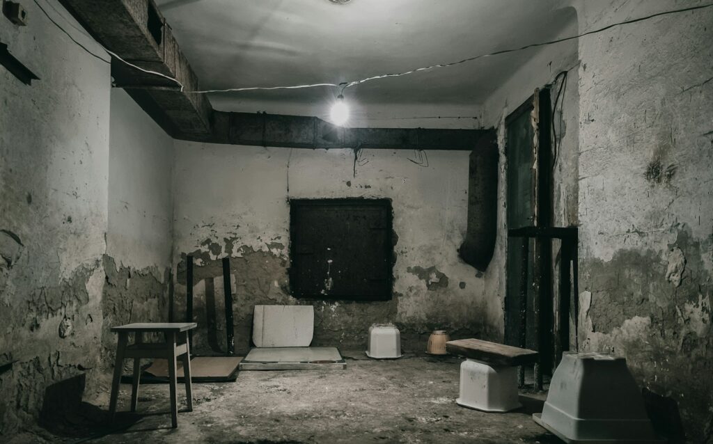 a run down room with two chairs and a table