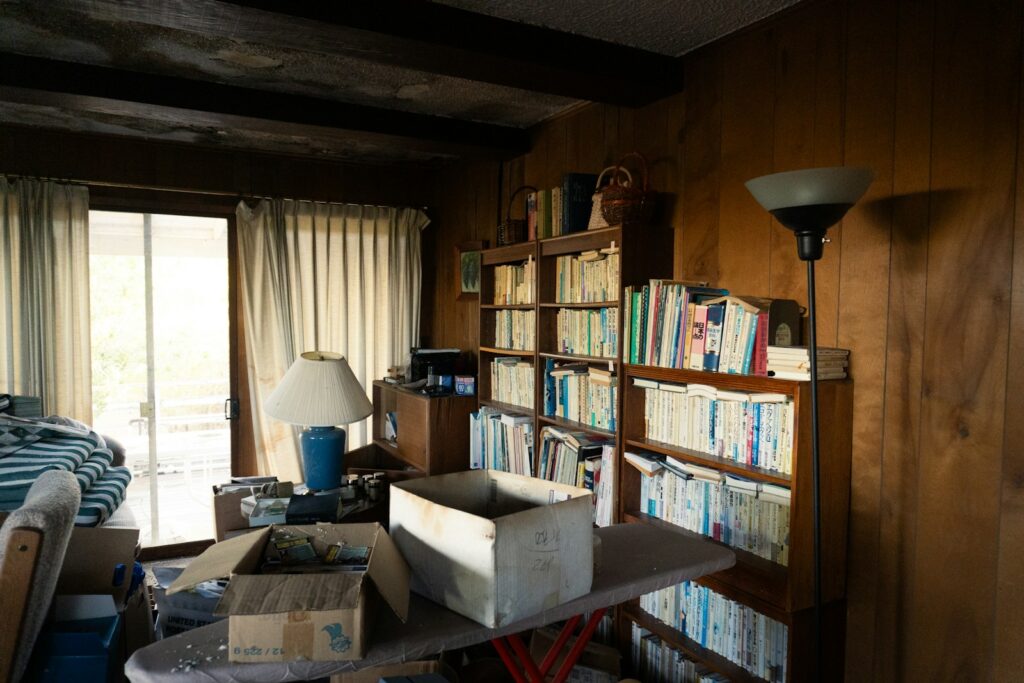 Living room with bookshelves and boxes.