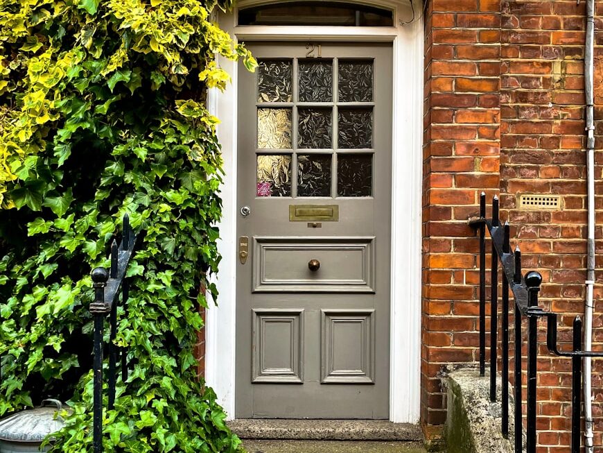 a cat sitting on steps in front of a door