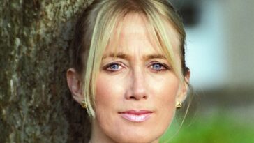 Blonde woman with blue eyes leaning against tree