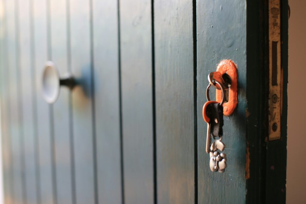 a close up of a door with a bunch of keys on it