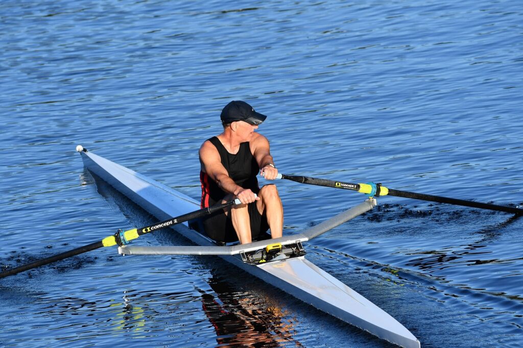 rowing, single, older, retired, nature, sculling, seniors, blue water, water, man, competition